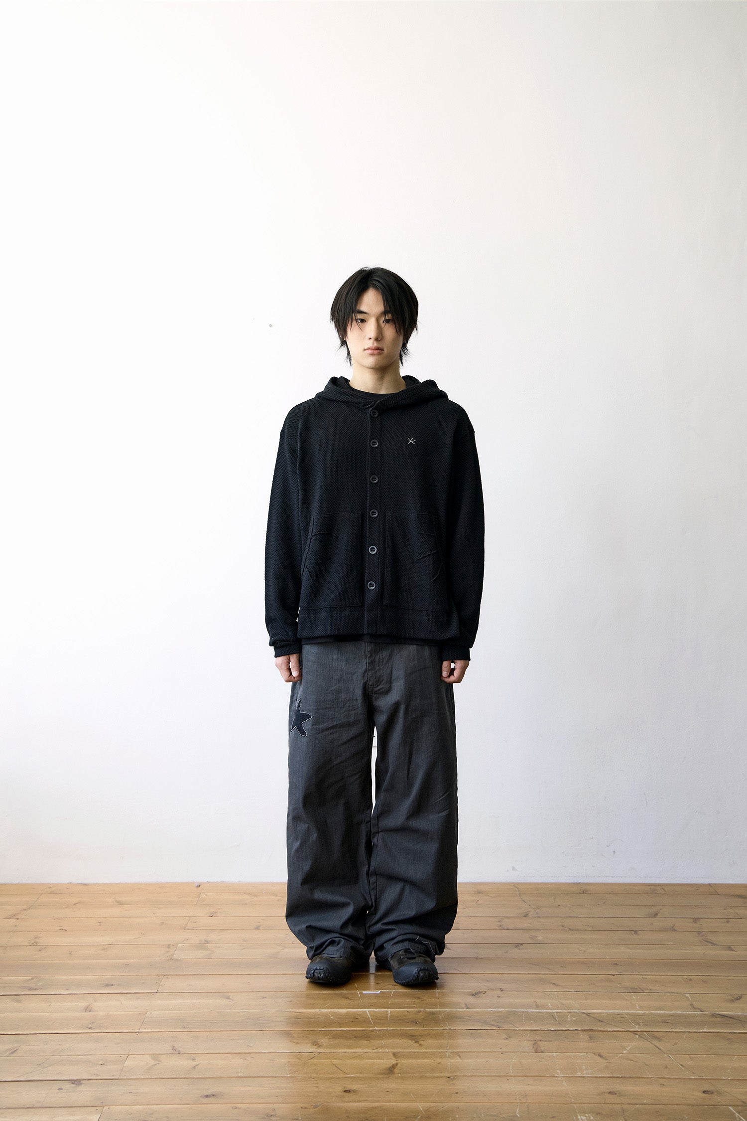 TCM waffle hooded crop jacket (black)