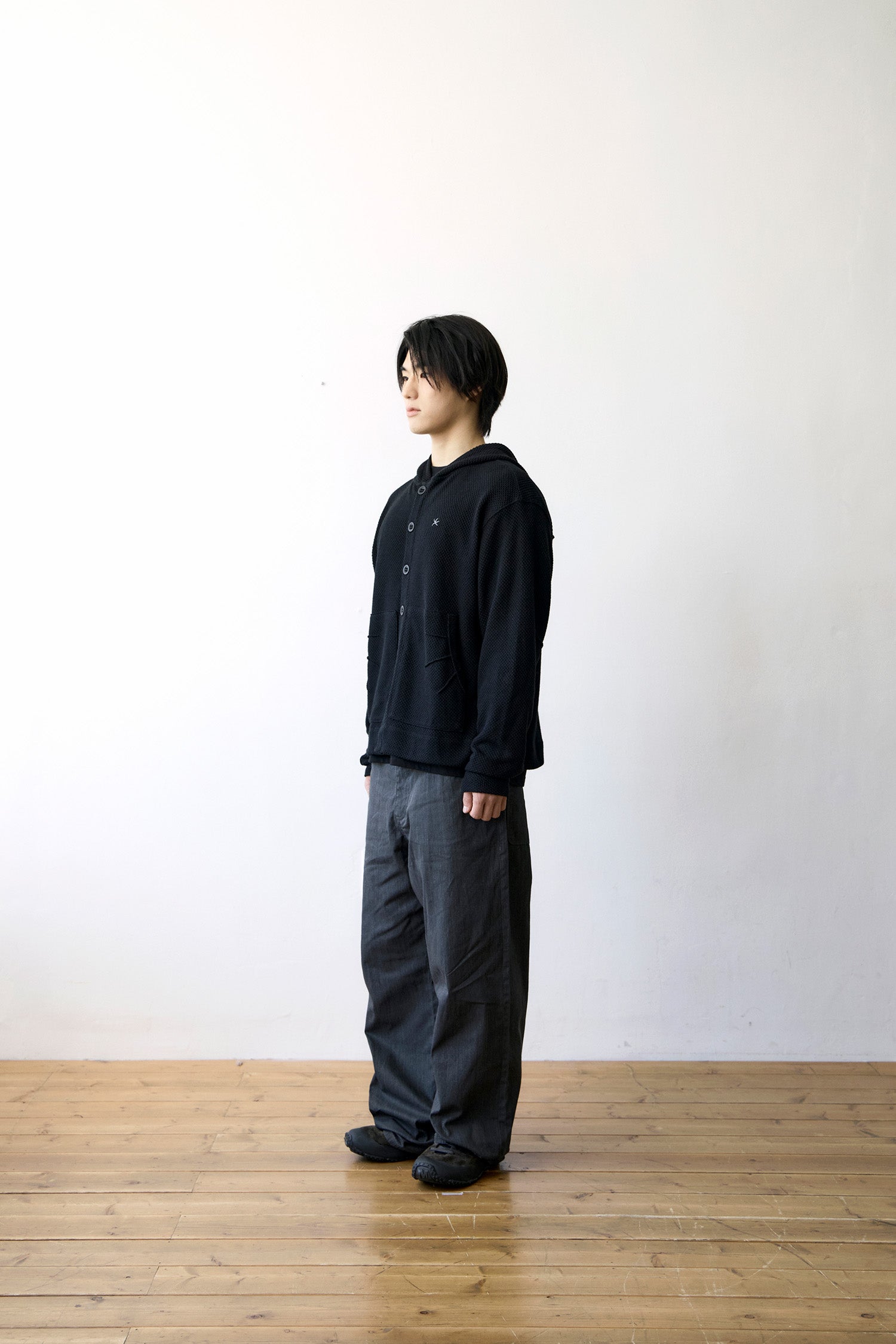 TCM waffle hooded crop jacket (black)