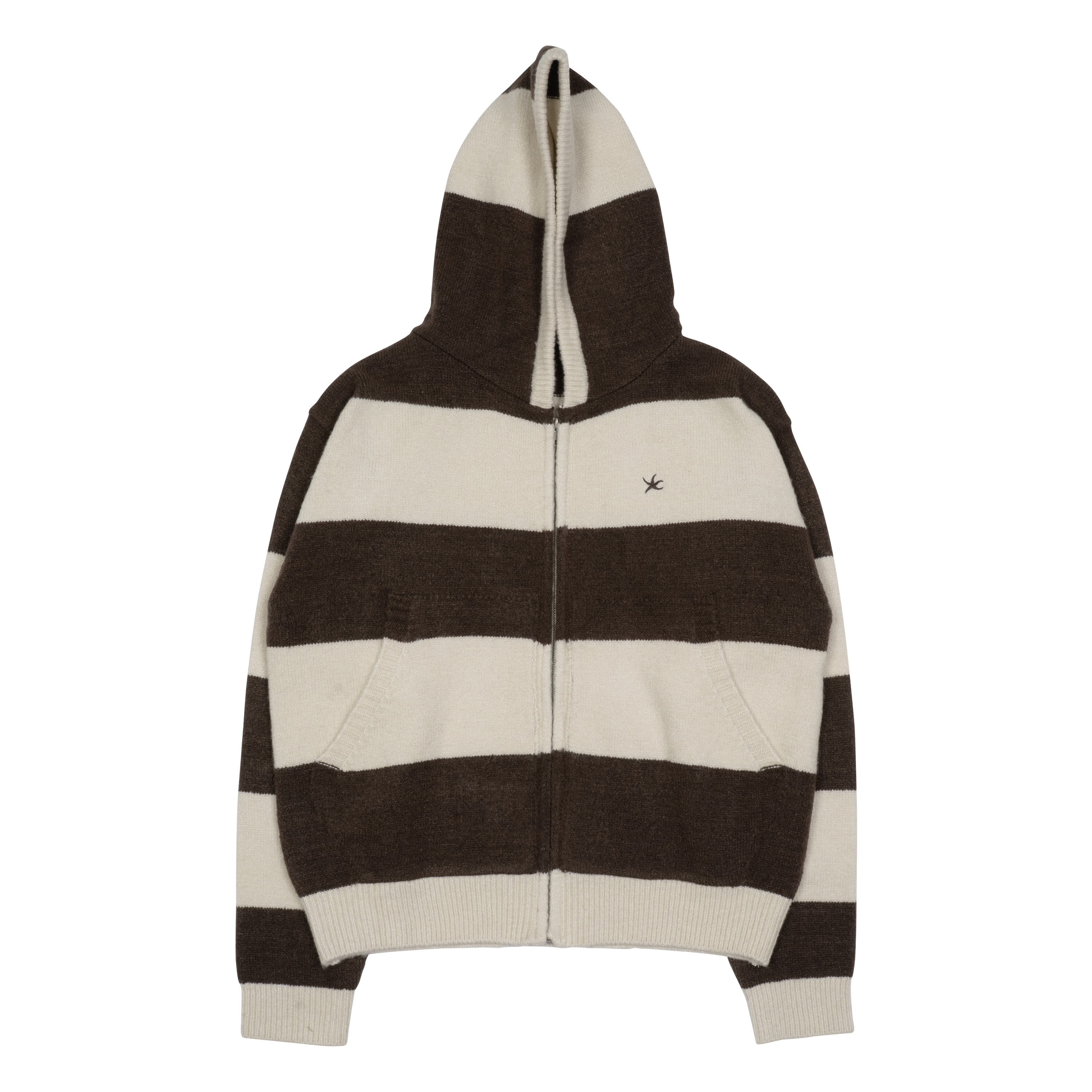 TCM stripe knit hooded zip-up (brown/ivory)