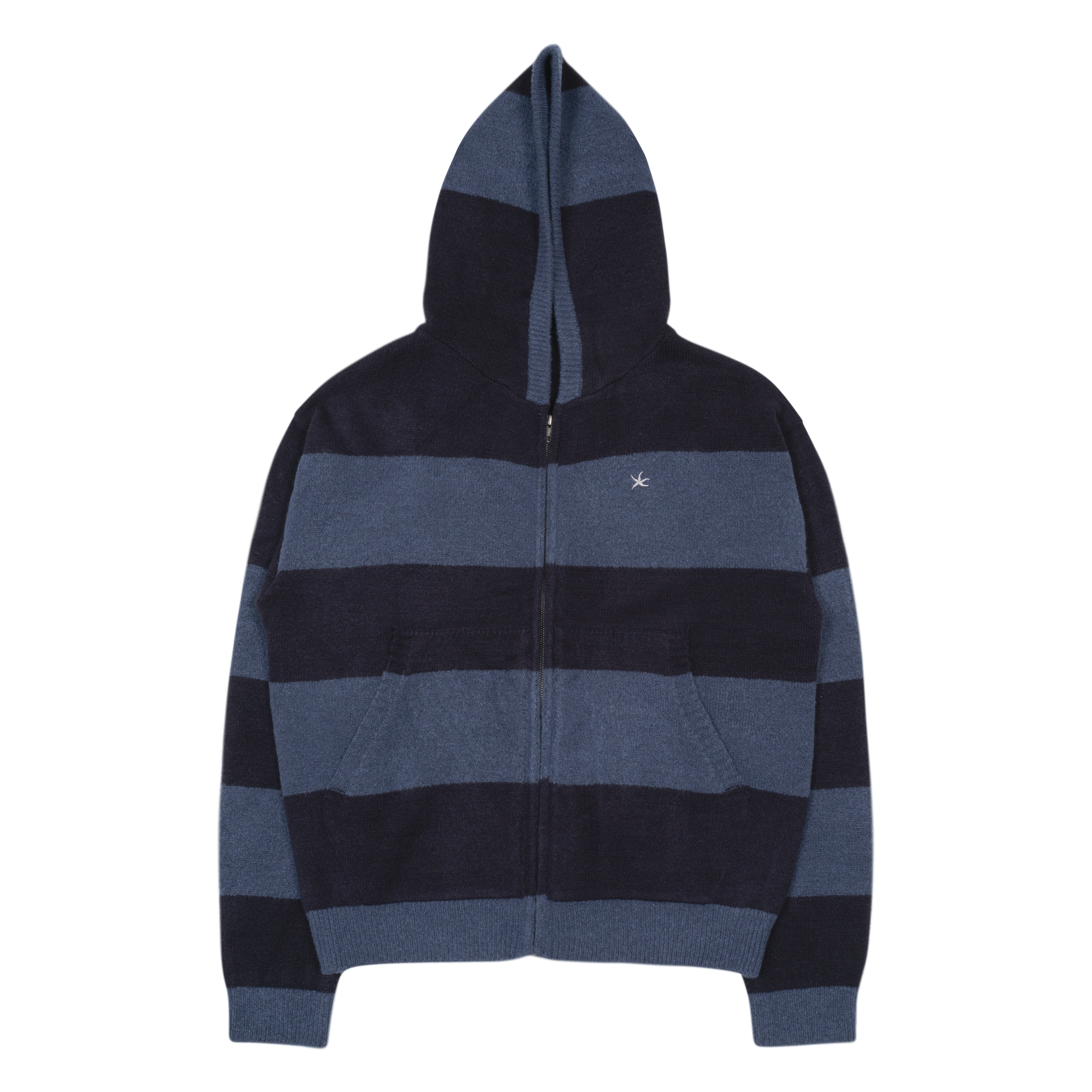 TCM stripe knit hooded zip-up (navy/black)