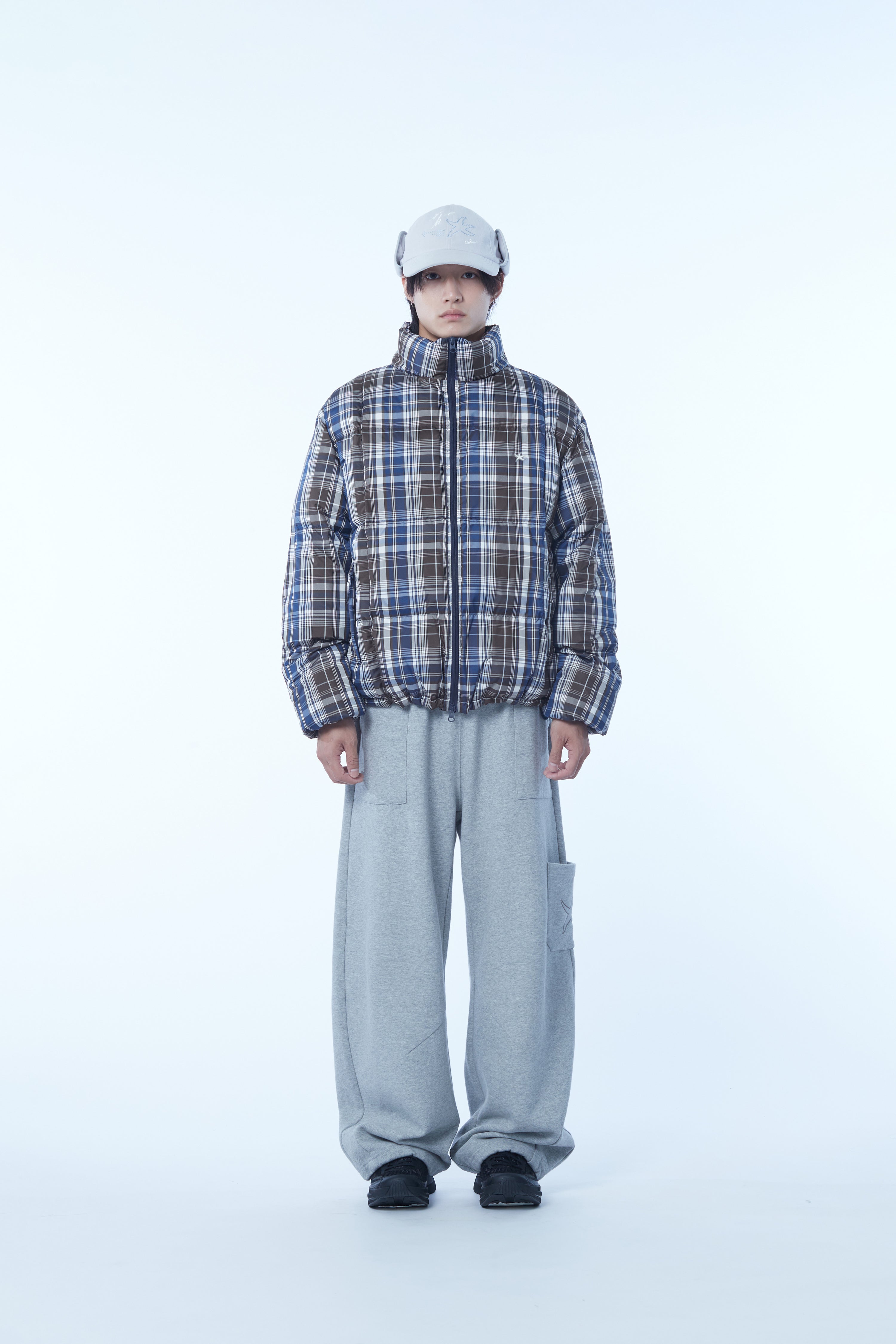 TCM mini logo check puffer jacket (navy)