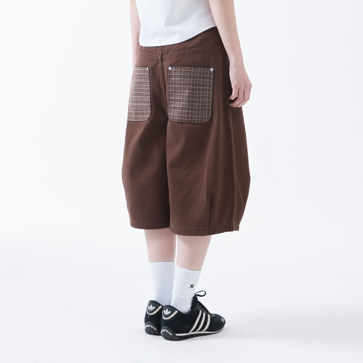 TCM brown check pocket half pants cotton comfort