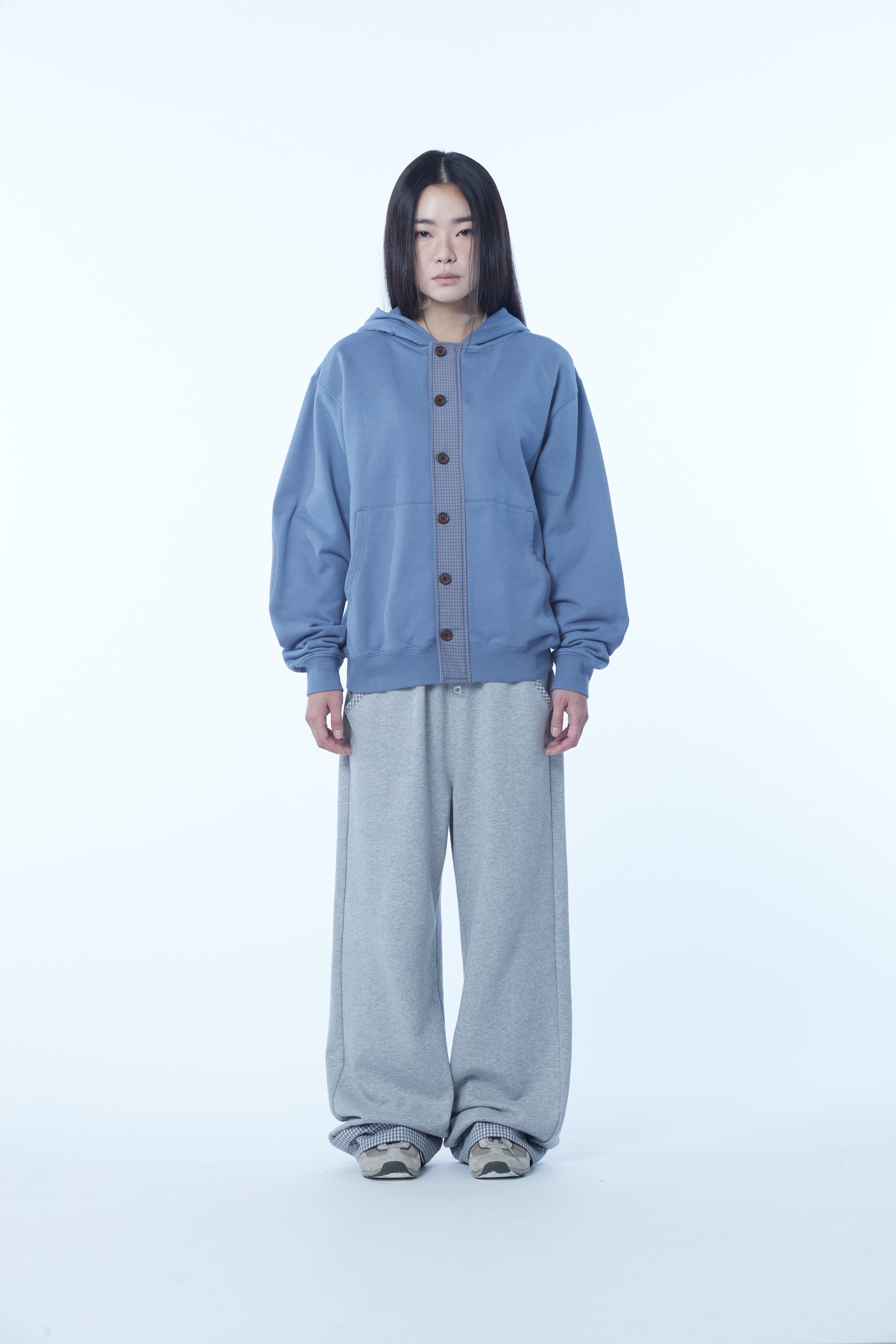TCM check elbow patch hooded zip-up (blue)