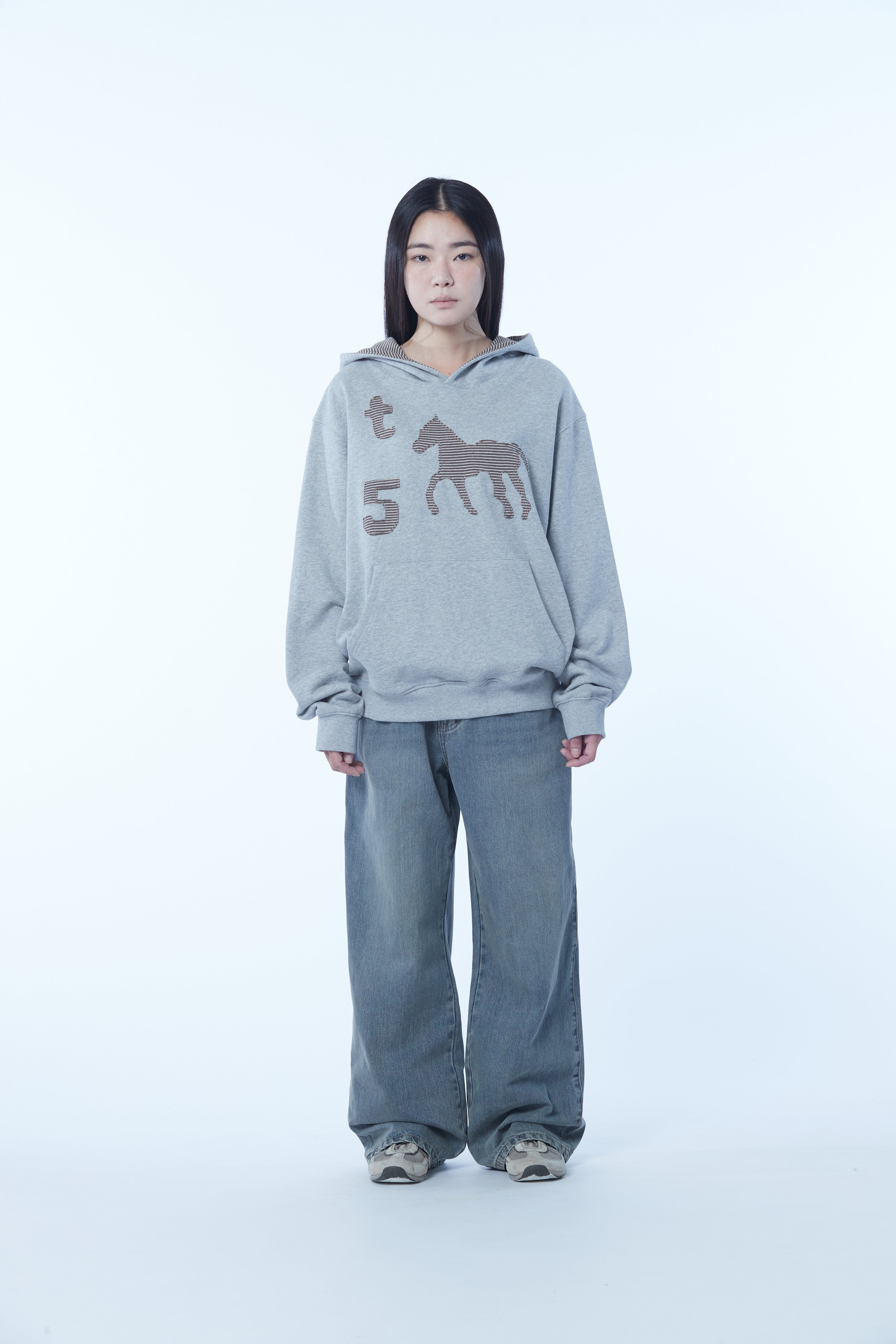 TCM stripe horse hoodie (melange grey)