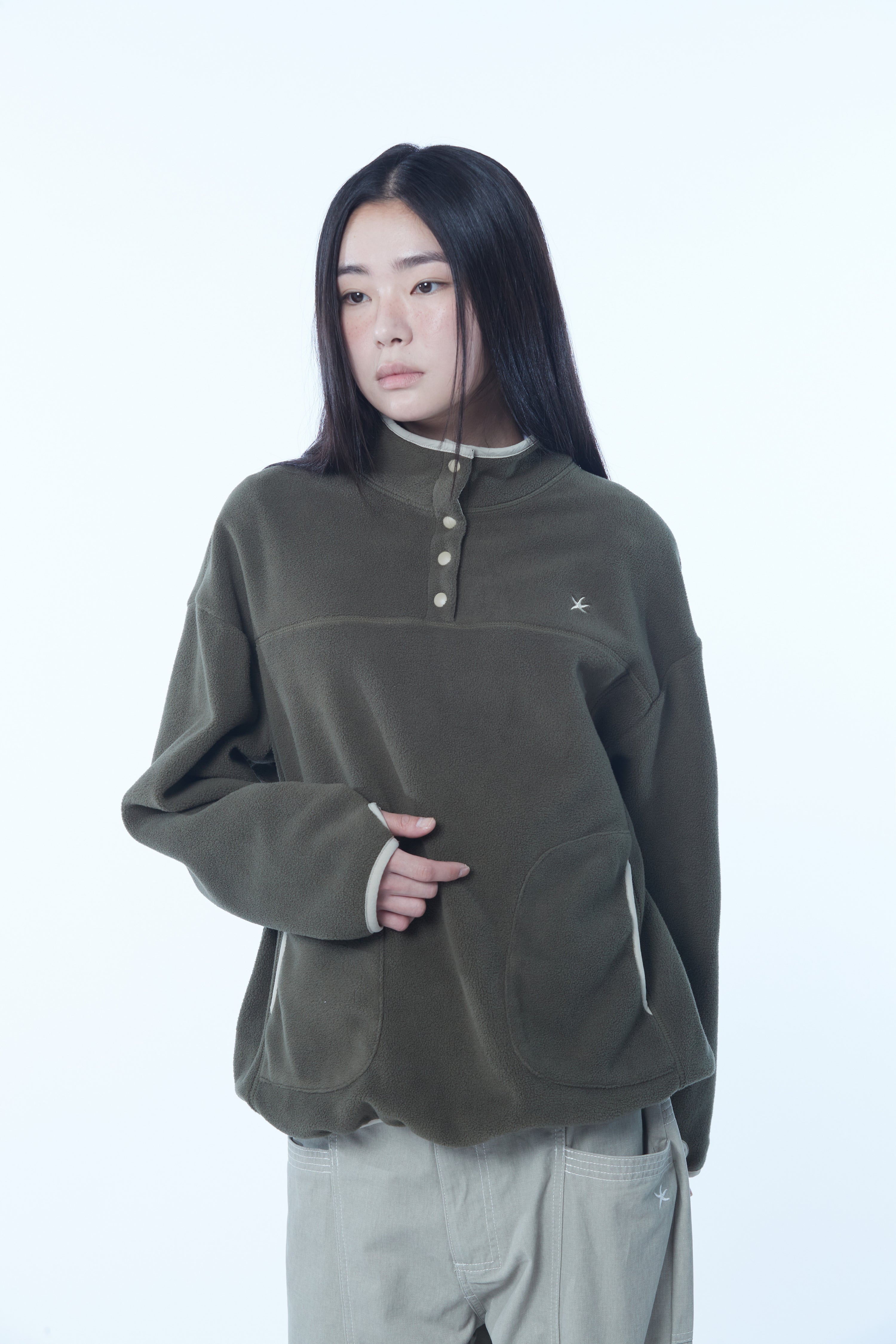 TCM half button fleece pullover (khaki)
