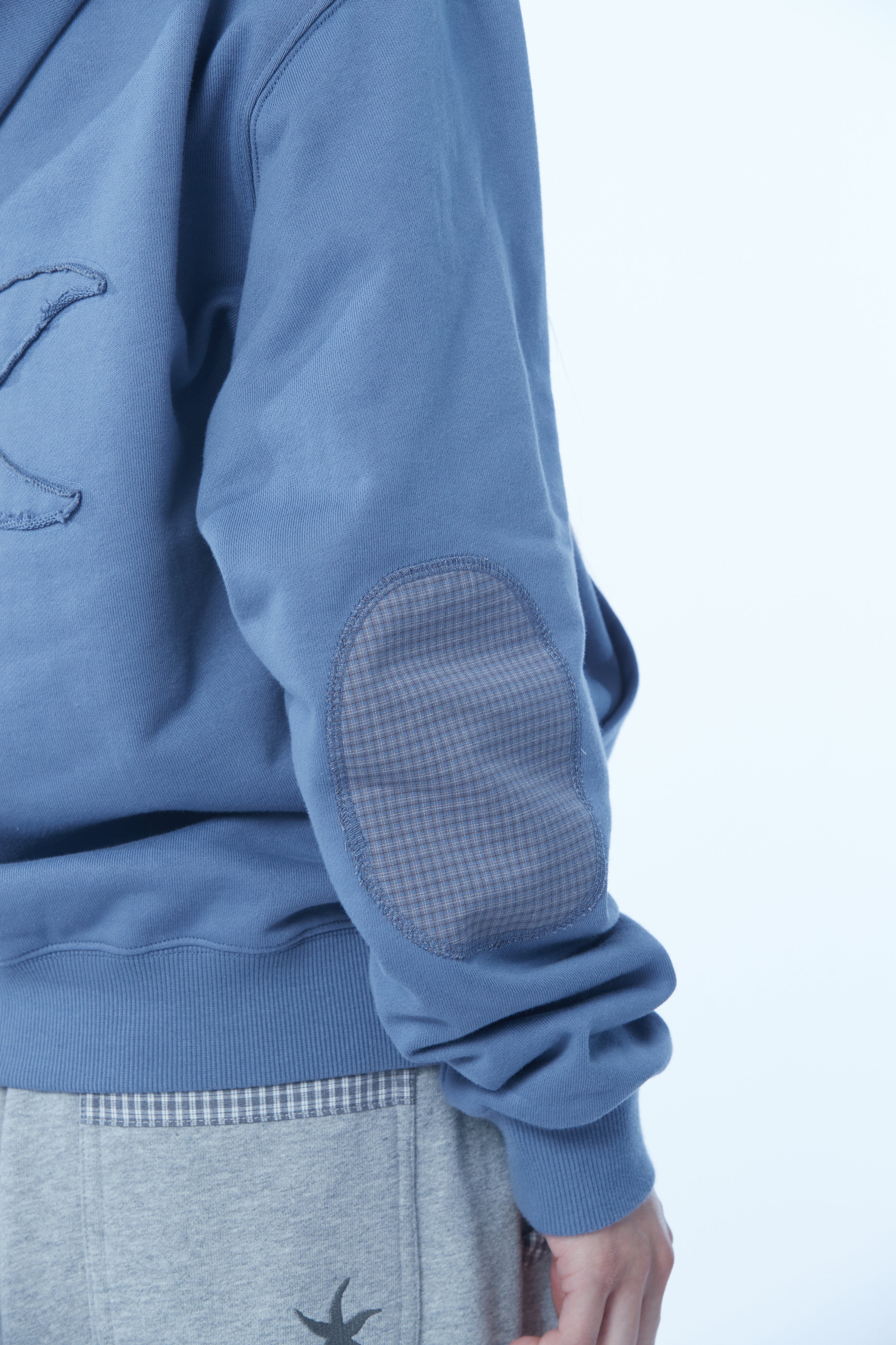 TCM check elbow patch hooded zip-up (blue)