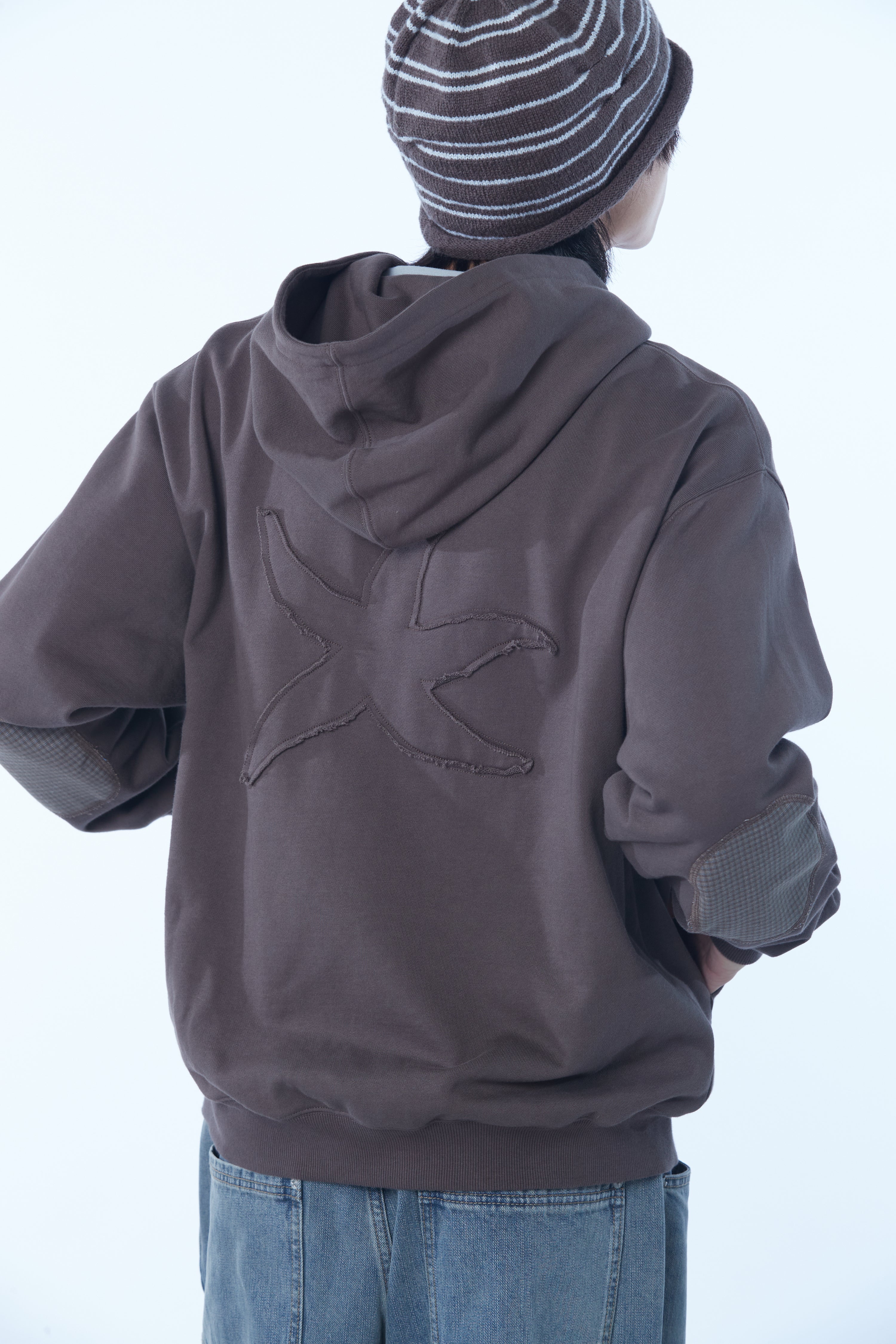 TCM check elbow patch hooded zip-up (khaki brown)