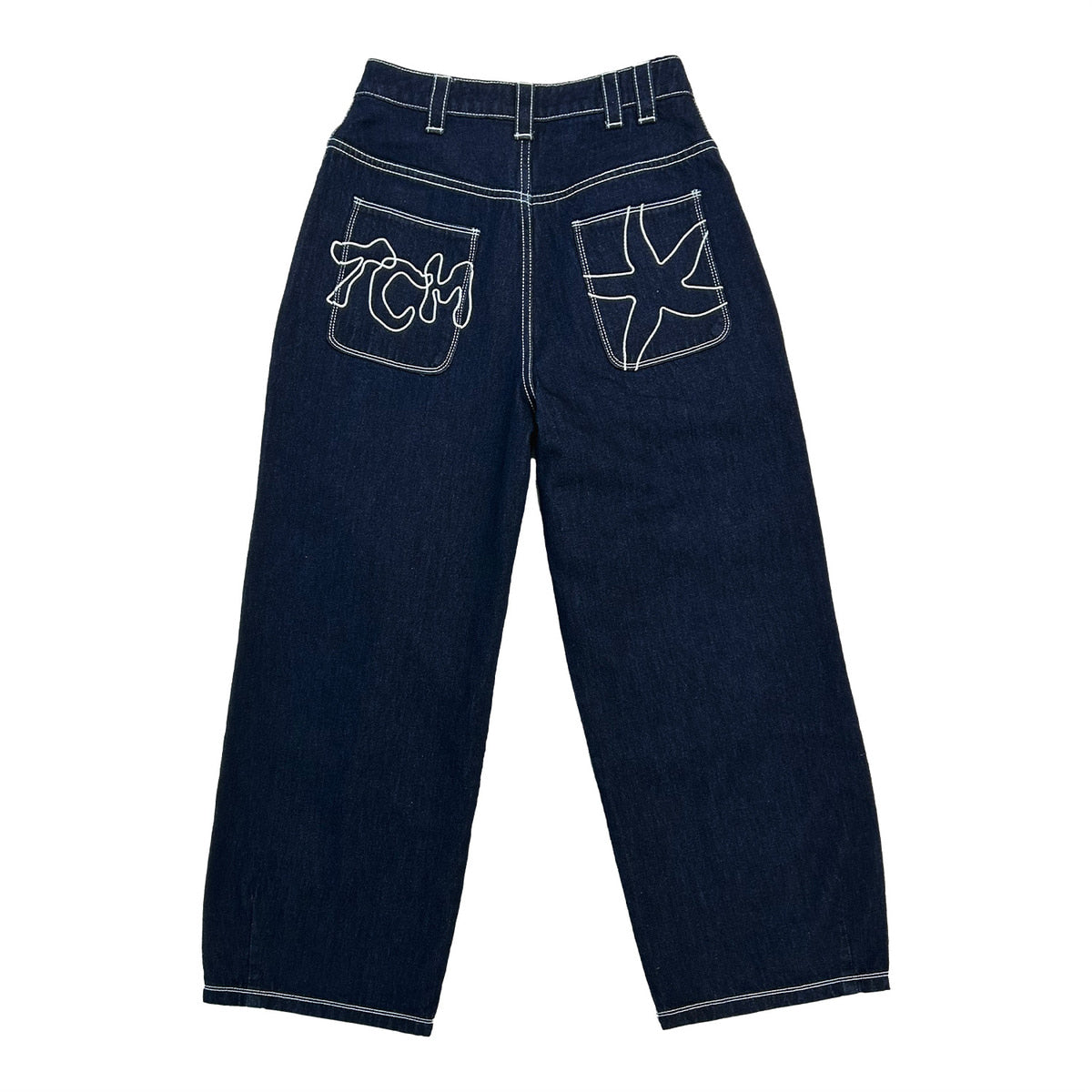 TCM back logo navy denim pants minimalist style