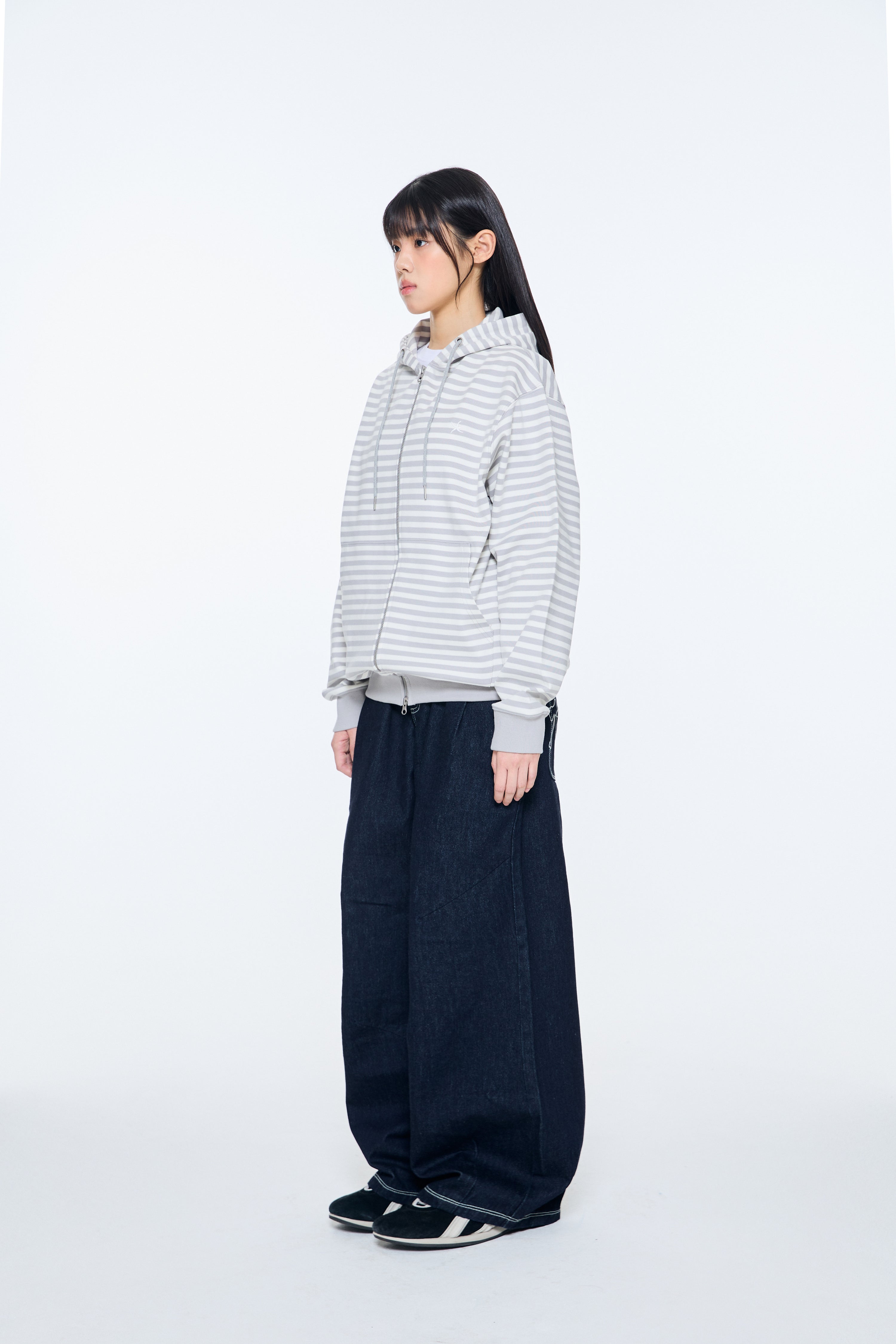 TCM stripe hooded zip-up (grey/white ivory)