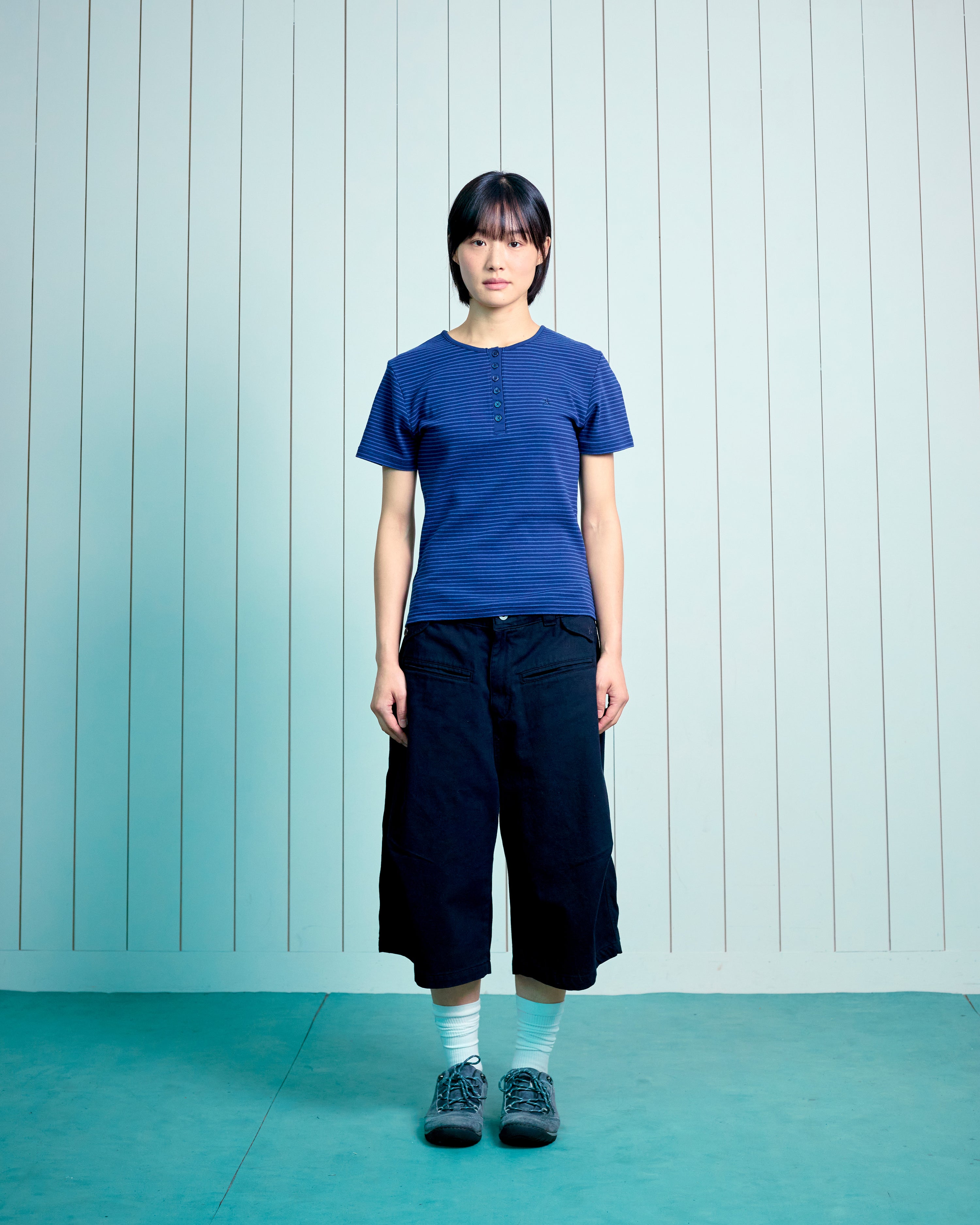 (w) TCM stripe round henley neck T (navy)